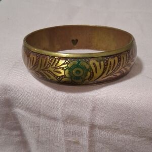 Vintage Brass Enamel Painted Floral Bangle With Cut In Hearts (Some Wear)